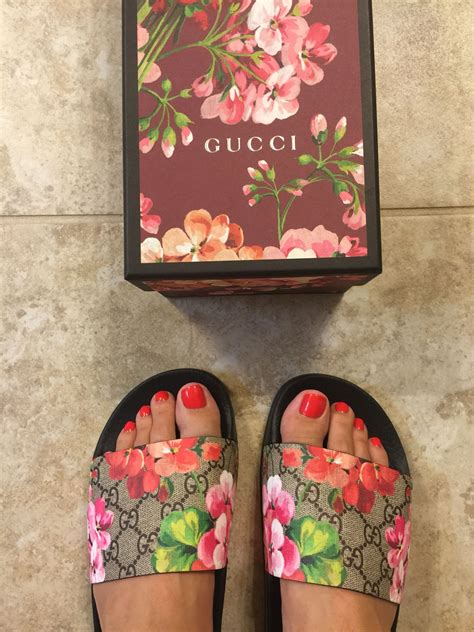 flower print gucci slides|Gucci floral slides outfit.